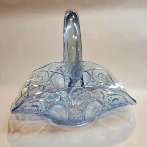 Iridescent Light Blue Art Glass Basket Applied Handle 8" Tall  Cottage Core